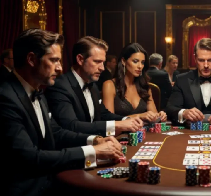 Exkluzív Texas Hold'em poker party elegáns kaszinó környezetben